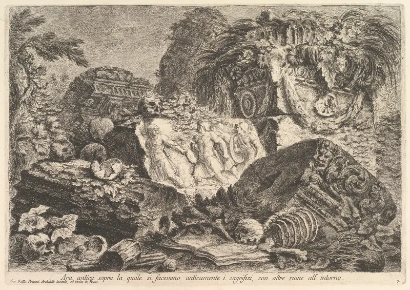 Ancient Altar on which sacrifices were performed in antiquity, surrounded by other ruins (Ara antica sopra la quale si facevano anticamente i sagrifizi, con altre ruine all'intorno), from "Prima Parte di Architettura, e Prospettive"