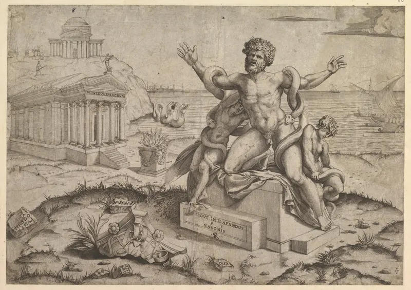 Ancient bas-reliefs with Laocoon, from "Speculum Romanae Magnificentiae"