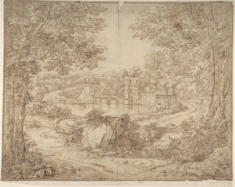 Ancient buildings next to water in the woods (recto); A variation of the same landscape in reverse (verso) Wall Art by Robert Adam - High-Resolution Digital Print