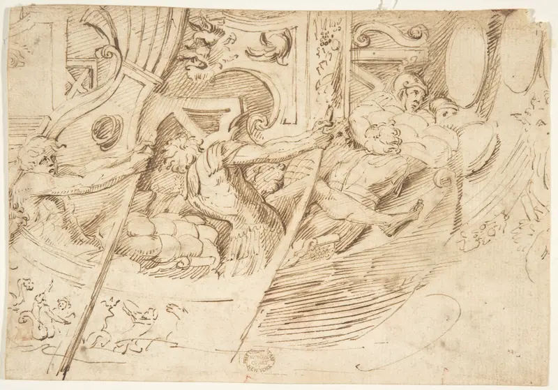 Ancient Naval Battle (recto); Park with Monuments (verso) Wall Art by Anonymous, Italian, 16th century - High-Resolution Digital Print