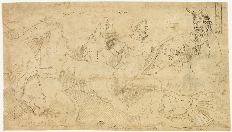 Ancient Relief with Hercules and the Mares of Diomedes (recto); Two Sketches: Draped Satyr and Winged Female Figure (verso) Wall Art by Girolamo da Carpi - High-Resolution Digital Print
