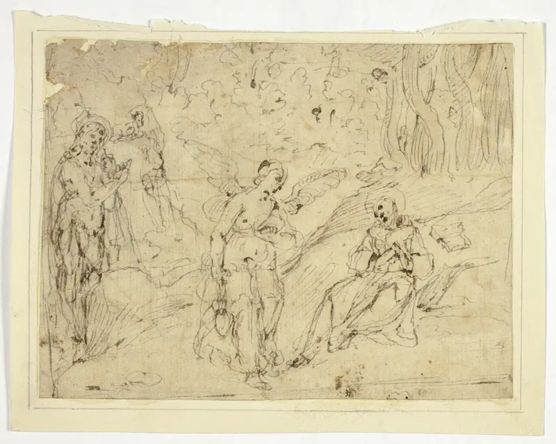 Angel Appearing to Saint Francis of Assisi, with Saint John the Baptist in the Background (recto); Saint Francis Supported by Two Angels, with Sketch of Upper Portion of Monk's Habit Wall Art by Unknown Marchigian - High-Resolution Digital Print