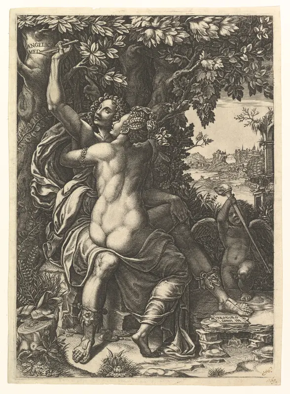 Angelica and Medoro; the couple embracing, Medoro carving their names in the bark of a tree; Cupid holding a torch in the background Wall Art by Giorgio Ghisi - High-Resolution Digital Print