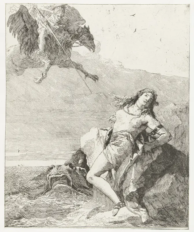 Angelica bedreigt door zeemonster wordt bevrijd door Ruggiero op hippogrief Wall Art by Giovanni Domenico Tiepolo - High-Resolution Digital Print