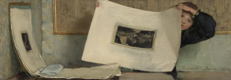Anna Leafing Through a Portfolio of Prints by Laura Theresa Alma Tadema (Lady) - High-Resolution Digital Print