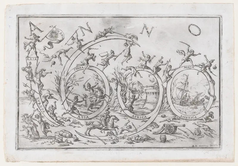 'Anno 1690' (the Year 1690), with numerous warring figures clambering on and hanging from the numbers, allusions to the Allegories of the Four Elements and the Four Continents Wall Art by Giuseppe Maria Mitelli - High-Resolution Digital Print