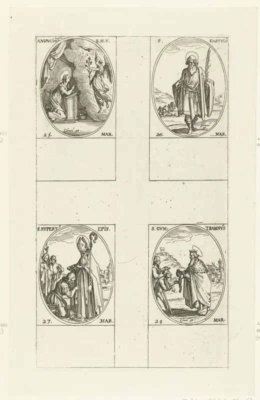 Annunciatie (Maria-Boodschap), Heilige Castulus van Rome, Heilige Rupertus van Salzburg, Heilige Guntramus van Bourgondië (25-28 maart) Wall Art by Jacques Callot - High-Resolution Digital Print