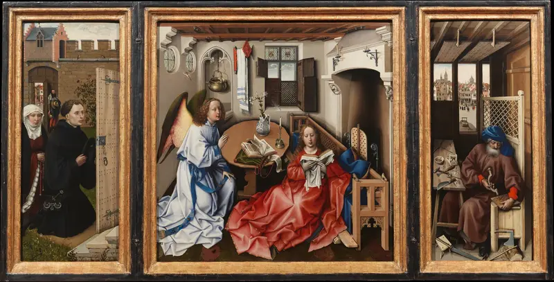 Annunciation Triptych (Merode Altarpiece) Wall Art by Robert Campin - High-Resolution Digital Print