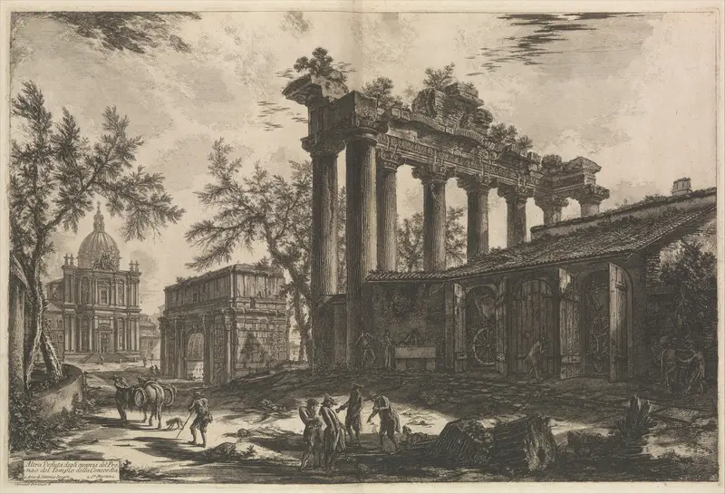 Another view of the remains of the Pronaos of the Temple of Concord (The Temple of Saturn with Arch of Septimius Severus in left background), from "Vedute di Roma" (Views of Rome), part I Wall Art by Giovanni Battista Piranesi - High-Resolution Digital Print