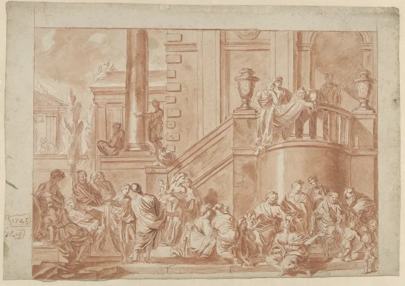 Antiek wijsgeer (?) nagewezen door een talrijk gezelschap voor een paleis Wall Art by anonymous - High-Resolution Digital Print