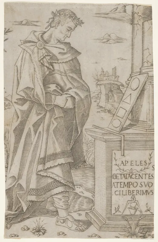 Apelles standing profile looking at a tablet of geometric figures Wall Art by Nicoletto da Modena - High-Resolution Digital Print