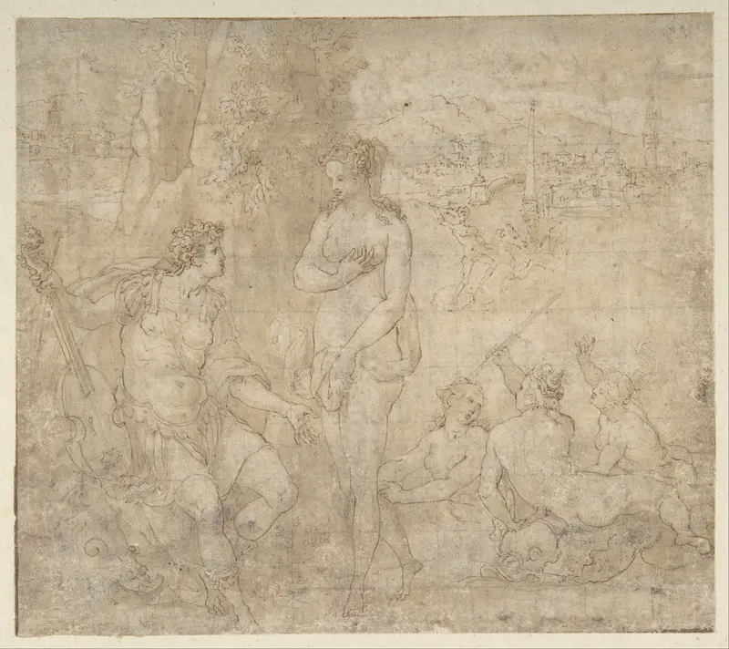 Apollo and Galatea in a Landscape with Neptune and Three Nymphs Wall Art by Orazio Samacchini - High-Resolution Digital Print