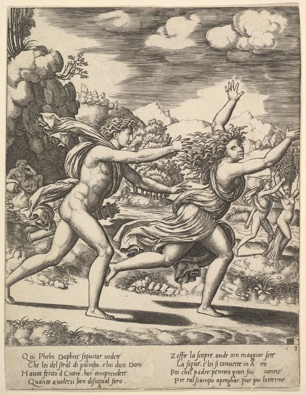 Apollo chasing Daphne who throws her arms up, in the background at right shows the moment she turns in a laurel, from "Story of Apollo and Daphne" Wall Art by Master of the Die - High-Resolution Digital Print