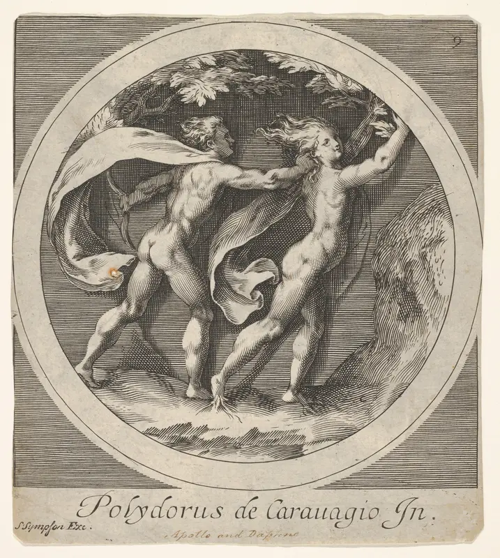 Apollo pursuing Daphne, whose toes take the form of tree roots, a round composition, reverse copy after a series of engravings by Cherubino Alberti of mythological scenes after Polidoro da Caravaggio Wall Art by Anonymous - High-Resolution Digital Print