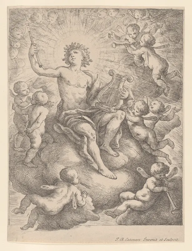 Apollo, seated on a cloud and holding a lyre and pipe, surrounded by putti Wall Art by Giovanni Battista Catenaro - High-Resolution Digital Print