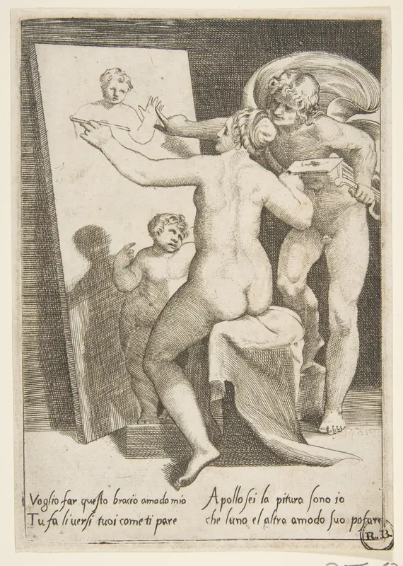 Apollo standing a beside a woman representing an allegory of painting, from "The Loves of the Gods" Wall Art by Giulio Bonasone - High-Resolution Digital Print