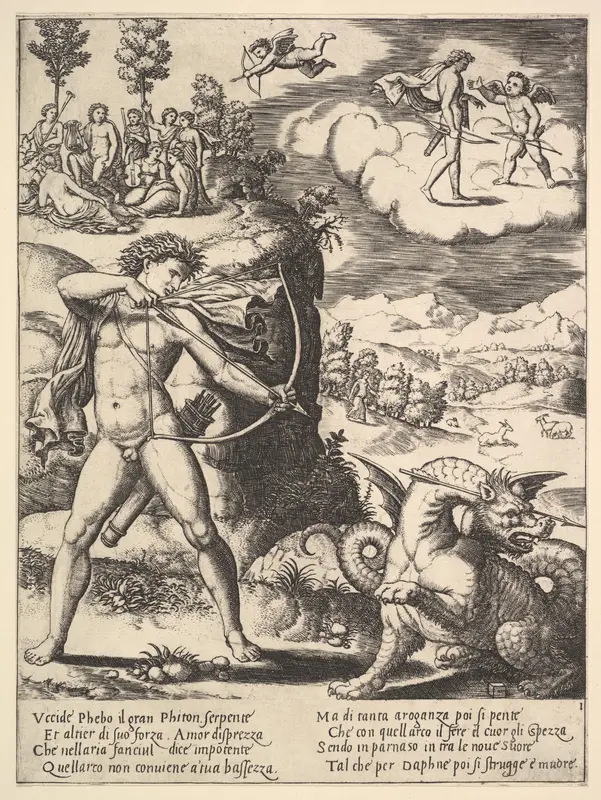 Apollo standing at left shooting a python with an arrow, above to the left are the muses and at right on a cloud Cupid approaching Apollo, from "Story of Apollo and Daphne" Wall Art by Master of the Die - High-Resolution Digital Print