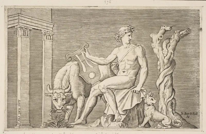 Apollo tending the flocks of Admetus, Apollo seated holding a lyre and flanked by a cow and a dog, a serpent winding around a dead tree at right