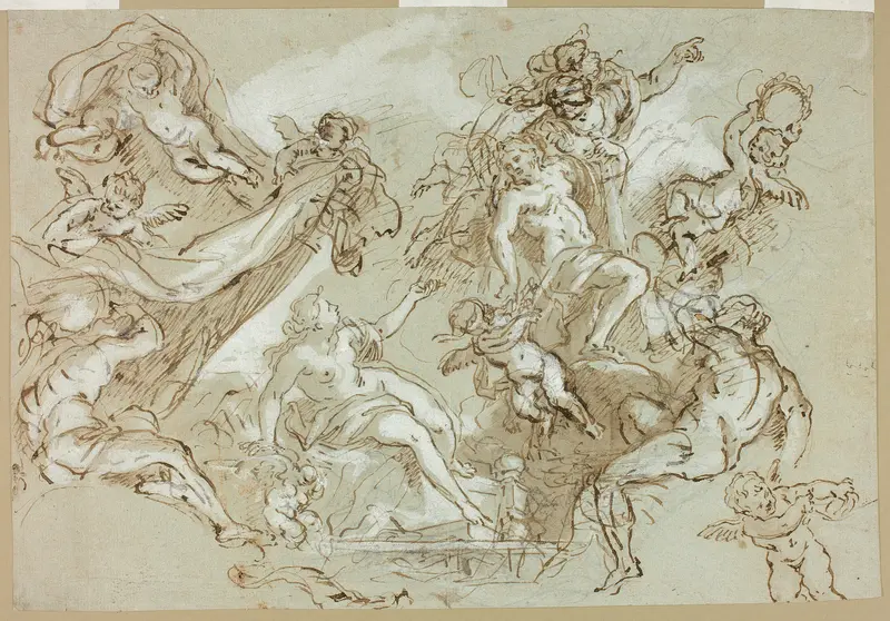 Apotheosis of Hercules (recto); Sketches of Horse's Head, Horse's Forequarters, and Altarpiece or Ciborium (verso) Wall Art by Anton Domenico Gabbiani - High-Resolution Digital Print