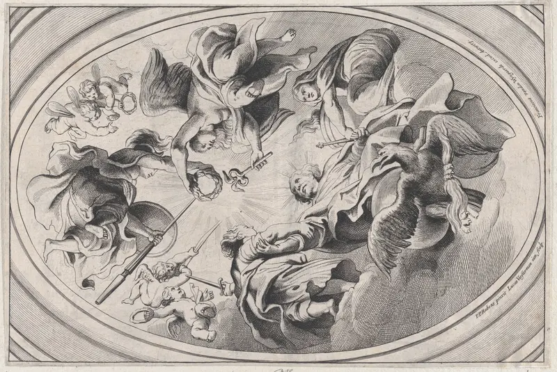 Apotheosis of James I, with the king seated at the bottom, an eagle below him, two angels holding a laurel above him, surrounded by putti Wall Art by Lucas Vorsterman II - High-Resolution Digital Print