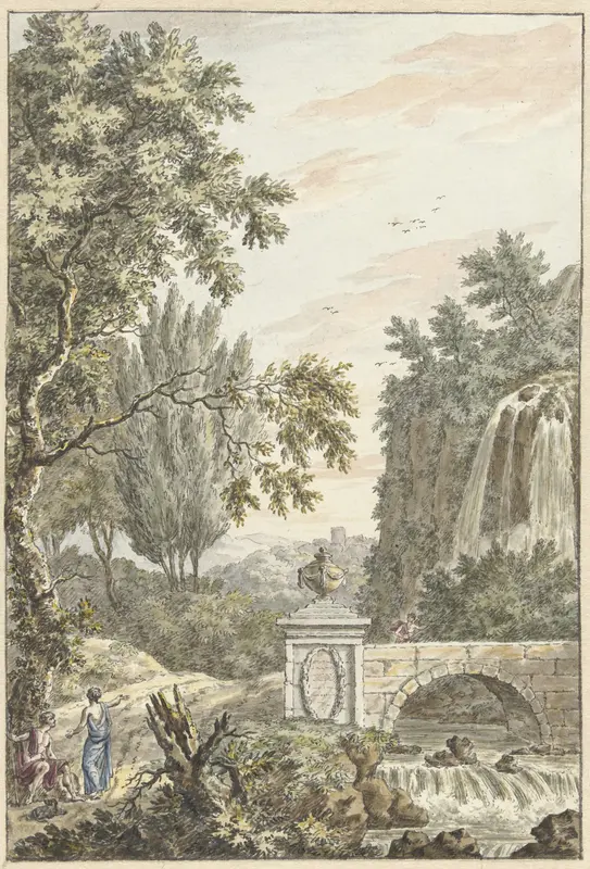 Arcadisch boslandschap met een waterval, een brug en drie jongemannen Wall Art by Dirk Versteegh - High-Resolution Digital Print
