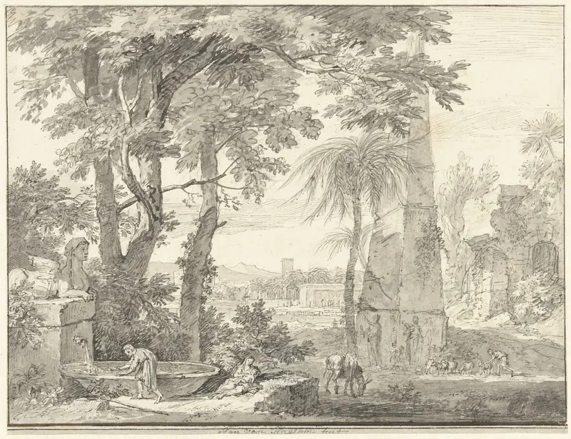 Arcadisch landschap met een obelisk en een man bij een fontein Wall Art by Jan van Huysum - High-Resolution Digital Print