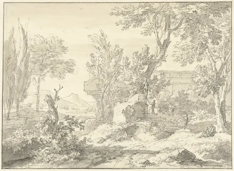 Arcadisch landschap met een ruïne en figuren bij een trap Wall Art by Jan van Huysum - High-Resolution Digital Print