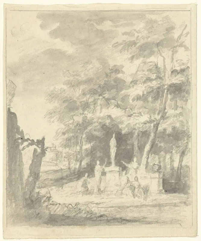 Arcadisch landschap met figuren rond een standbeeld Wall Art by Unknown - High-Resolution Digital Print