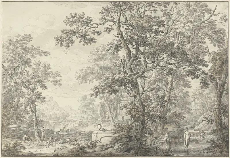 Arcadisch landschap met herder en badende vrouwen Wall Art by Jean Grandjean - High-Resolution Digital Print
