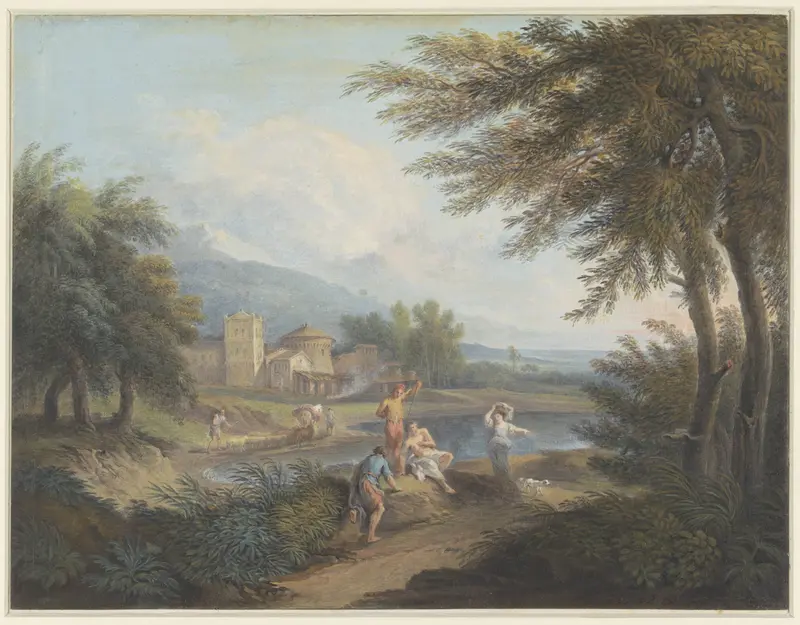 Arcadisch landschap met herders en een vrouw Wall Art by Unknown - High-Resolution Digital Print