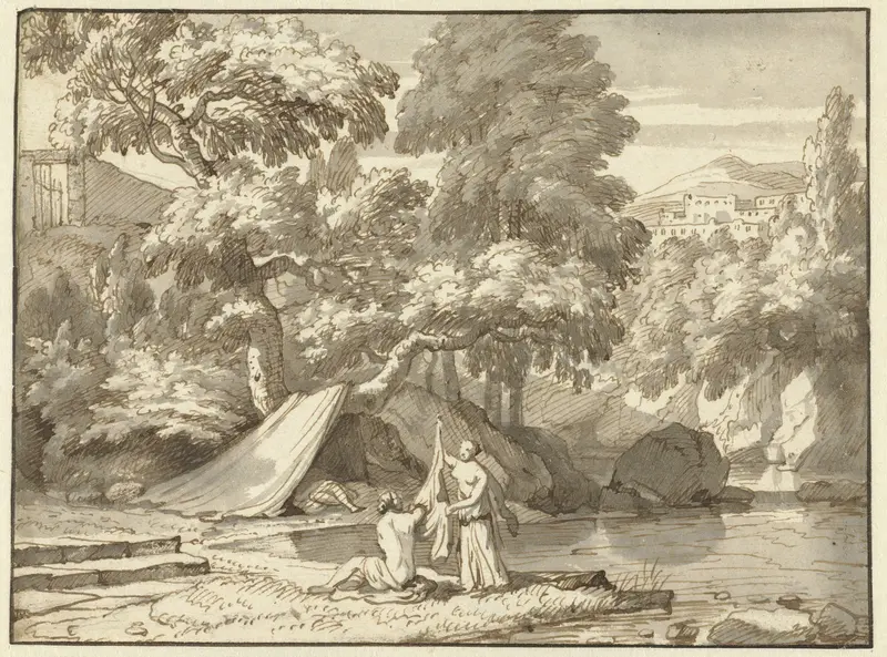 Arcadisch landschap met zich aankledende nimfen Wall Art by Unknown - High-Resolution Digital Print