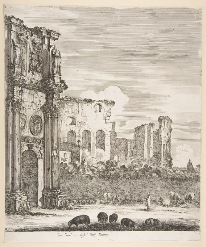 Arch of Constantine and Colosseum with sheep grazing in foreground, from "Six large views, four of Rome, and two of the Roman countryside" (Six grandes vues, dont quatre de Rome et deux de la Campagne romaine) Wall Art by Stefano della Bella - High-Resolution Digital Print