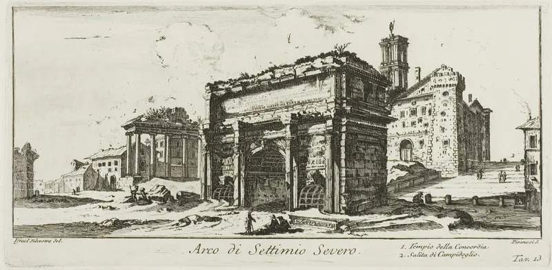 Arch of Septimius Severus. 1. Temple of Concord. 2. Ascent to the Capitoline Hill, plate 13 from Some Views of Triumphal Arches and other Monuments Wall Art by Giovanni Battista Piranesi - High-Resolution Digital Print