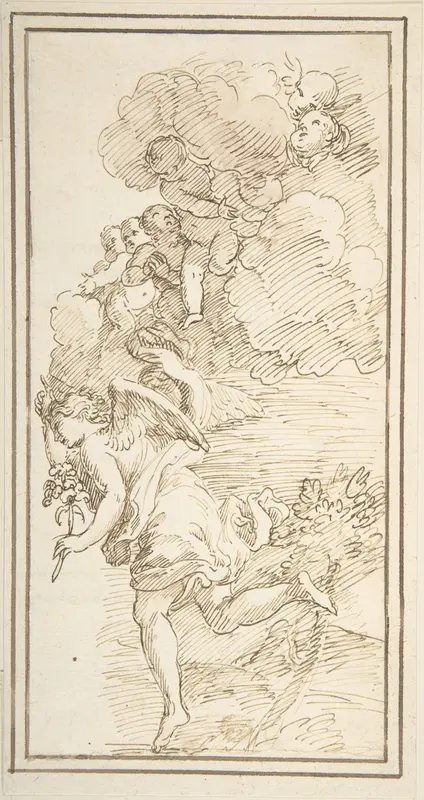 Archangel Holding a Lily in a Landscape with Clouds Bearing Putti (Fragment of a Scene of the Annunciation) Wall Art by Anonymous, Italian, 18th century - High-Resolution Digital Print
