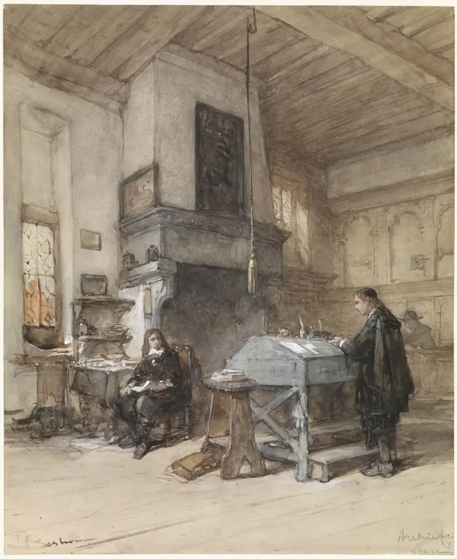 Archief te Veere met figuren in zeventiende-eeuws kostuum Wall Art by Unknown - High-Resolution Digital Print