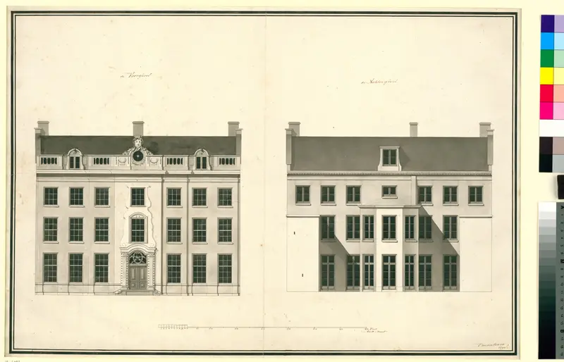 Architectonische ontwerptekening van de voor- en achtergevel van het huis Kops te Haarlem Wall Art by Abraham van der Hart - High-Resolution Digital Print