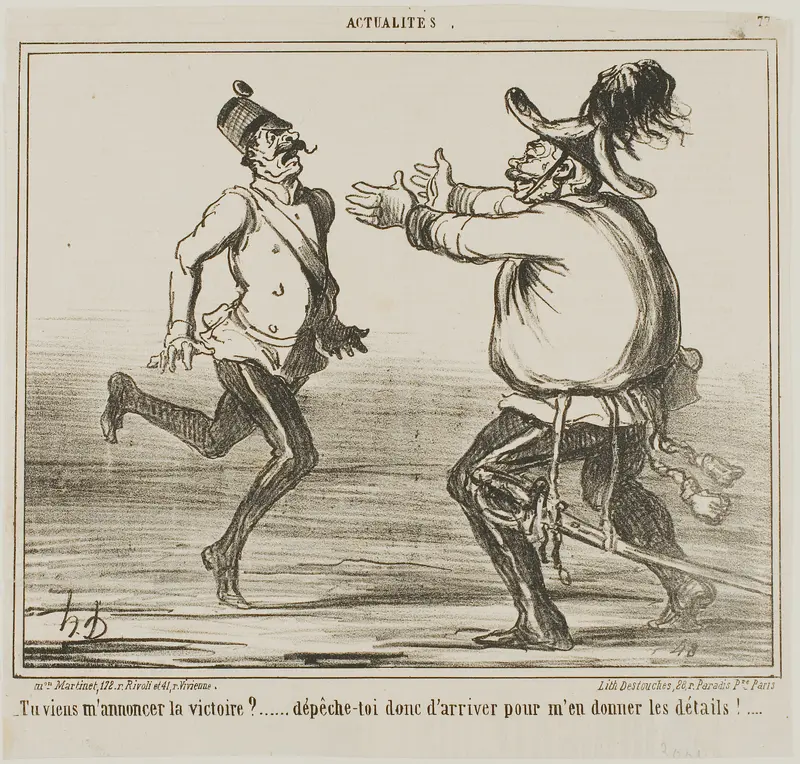 “- Are you coming to announce victory?... hurry up and give me the details!....,” plate 77 from Actualités