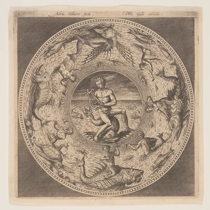 Arion on a Dolphin surrounded by a Border decorated with Sea Creatures, from a Set of Designs for Plates (Fonds de Coupe)