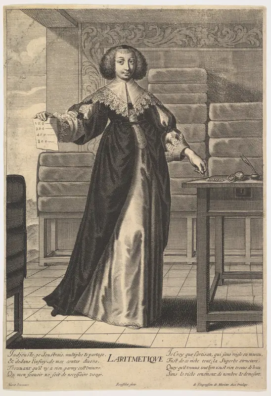 Arithmetic: a young woman standing at a table, holding a sheet with inscribed numbers in her right hand, in a decorated interior, from "The liberal arts" (Les arts liberaux) Wall Art by Gilles Rousselet - High-Resolution Digital Print