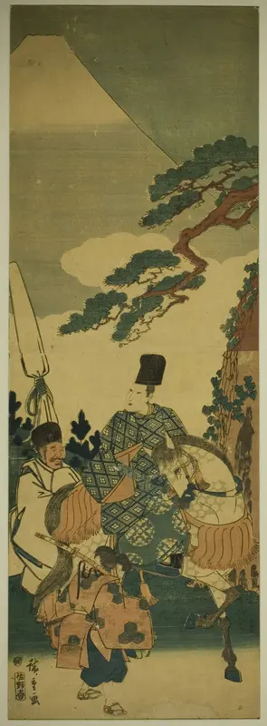 Ariwara no Narihira passing Mount Fuji on his journey to the East