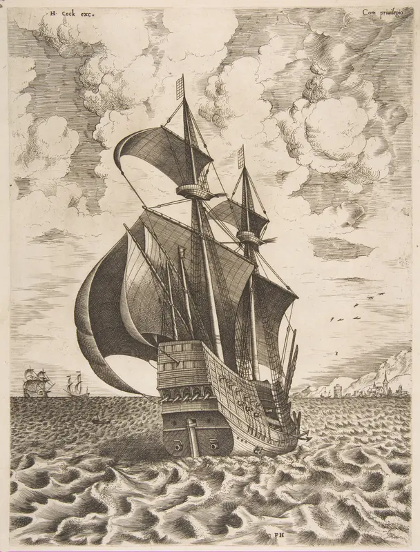 Armed Four-Master Sailing Towards a Port from The Sailing Vessels Wall Art by Pieter Bruegel the Elder - High-Resolution Digital Print