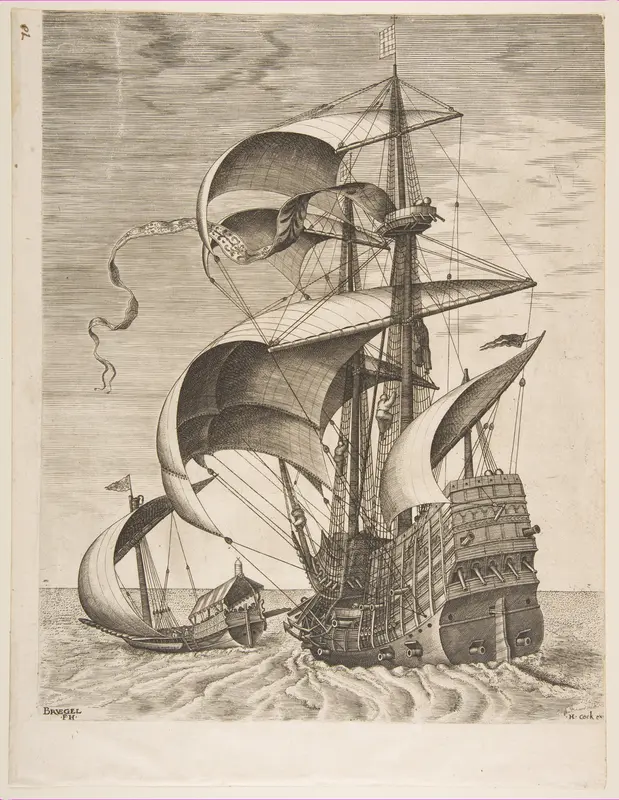 Armed Three-Master on the Open Sea Accompanied by a Galley from The Sailing Vessels Wall Art by Pieter Bruegel the Elder - High-Resolution Digital Print