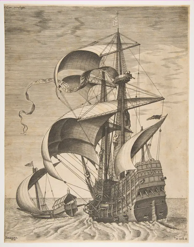 Armed Three-Master on the Open Sea Accompanied by a Galley, from the series  Sailing Vessels Wall Art by Pieter Bruegel the Elder - High-Resolution Digital Print