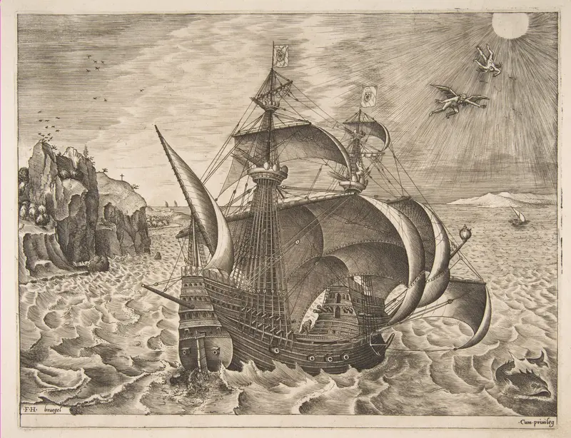 Armed Three-master with Daedalus and Icarus in the Sky from The Sailing Vessels Wall Art by Pieter Bruegel the Elder - High-Resolution Digital Print