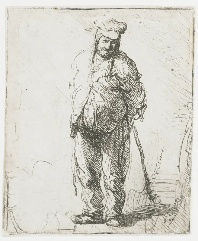 Armoedig geklede boer, de handen op de rug, een stok vasthoudend Wall Art by Rembrandt van Rijn - High-Resolution Digital Print