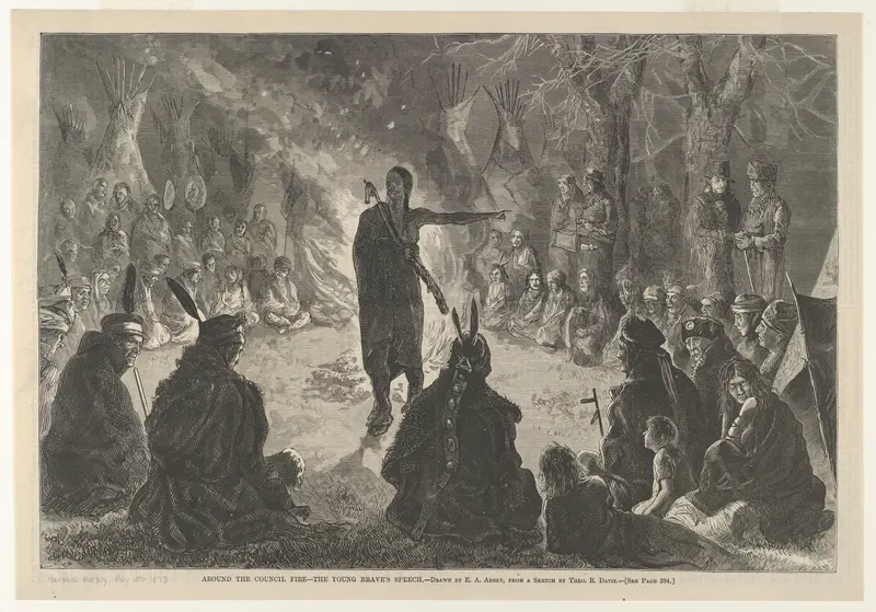Around the Council Fire, The Young Brave's Speech, from "Harper's Weekly" Wall Art by Edwin Austin Abbey - High-Resolution Digital Print