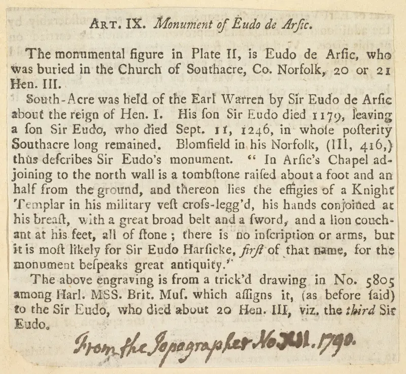 Art. IX. Monument of Eudo de Arsic, from "The Topographer" Wall Art by Anonymous, 18th century - High-Resolution Digital Print