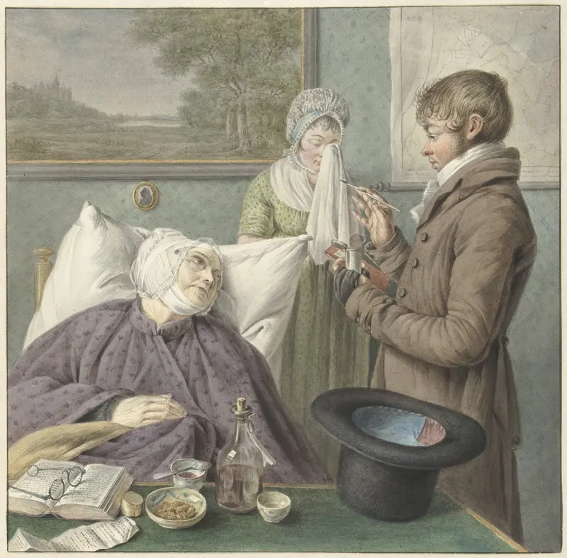 Arts bezoekt een zieke oude vrouw in bed Wall Art by Unknown - High-Resolution Digital Print