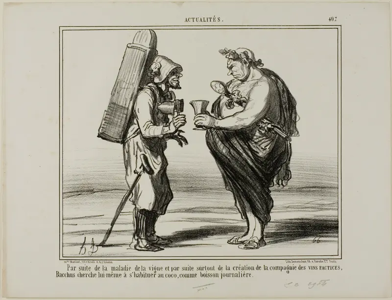 As a consequence of the wine disease but also because of the foundation of the "Society for the Production of Artificial Wine", even Bacchus decides to switch to coconut water as a daily drink, plate 407 from Actualités