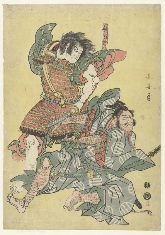 Asahina no Saburo in gevecht met Soga no Goro Wall Art by Unknown - High-Resolution Digital Print